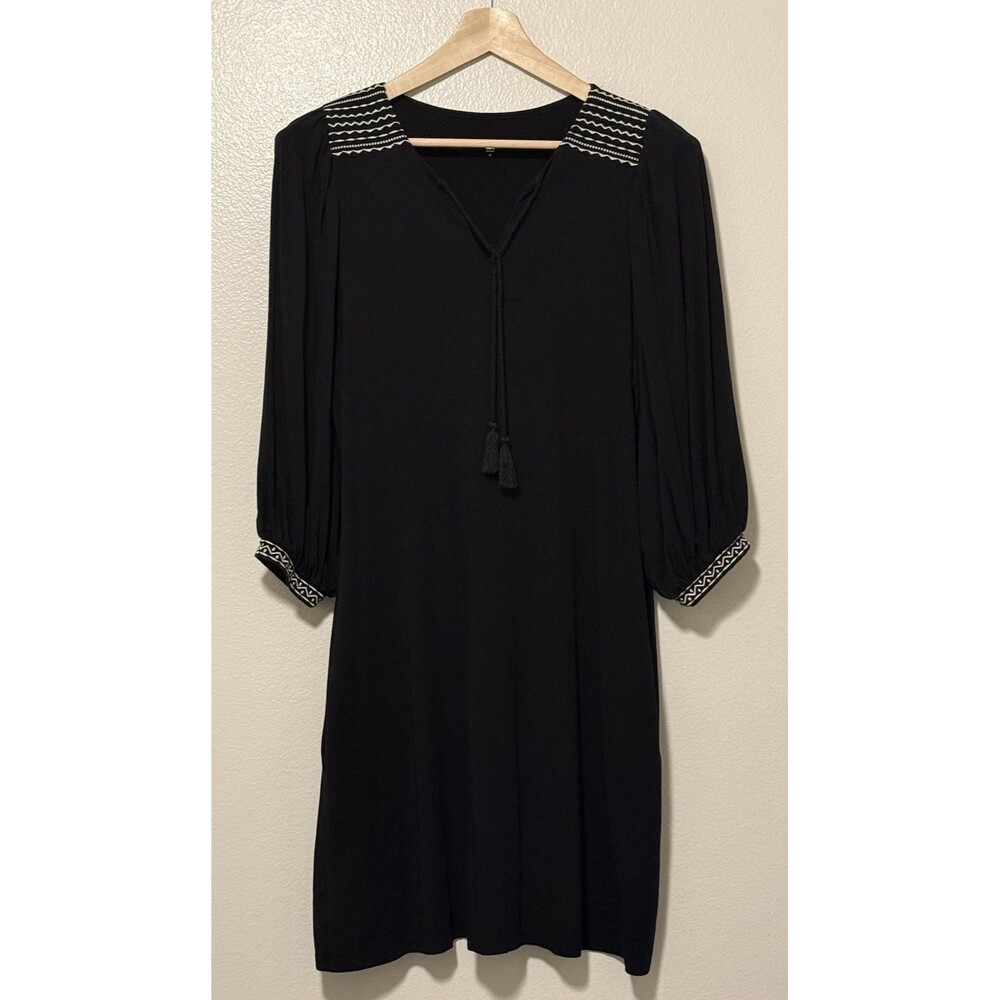 Garnet Hill Lyric Knit Dress Medium Black Embroidered Tassel Boho Casual Travel